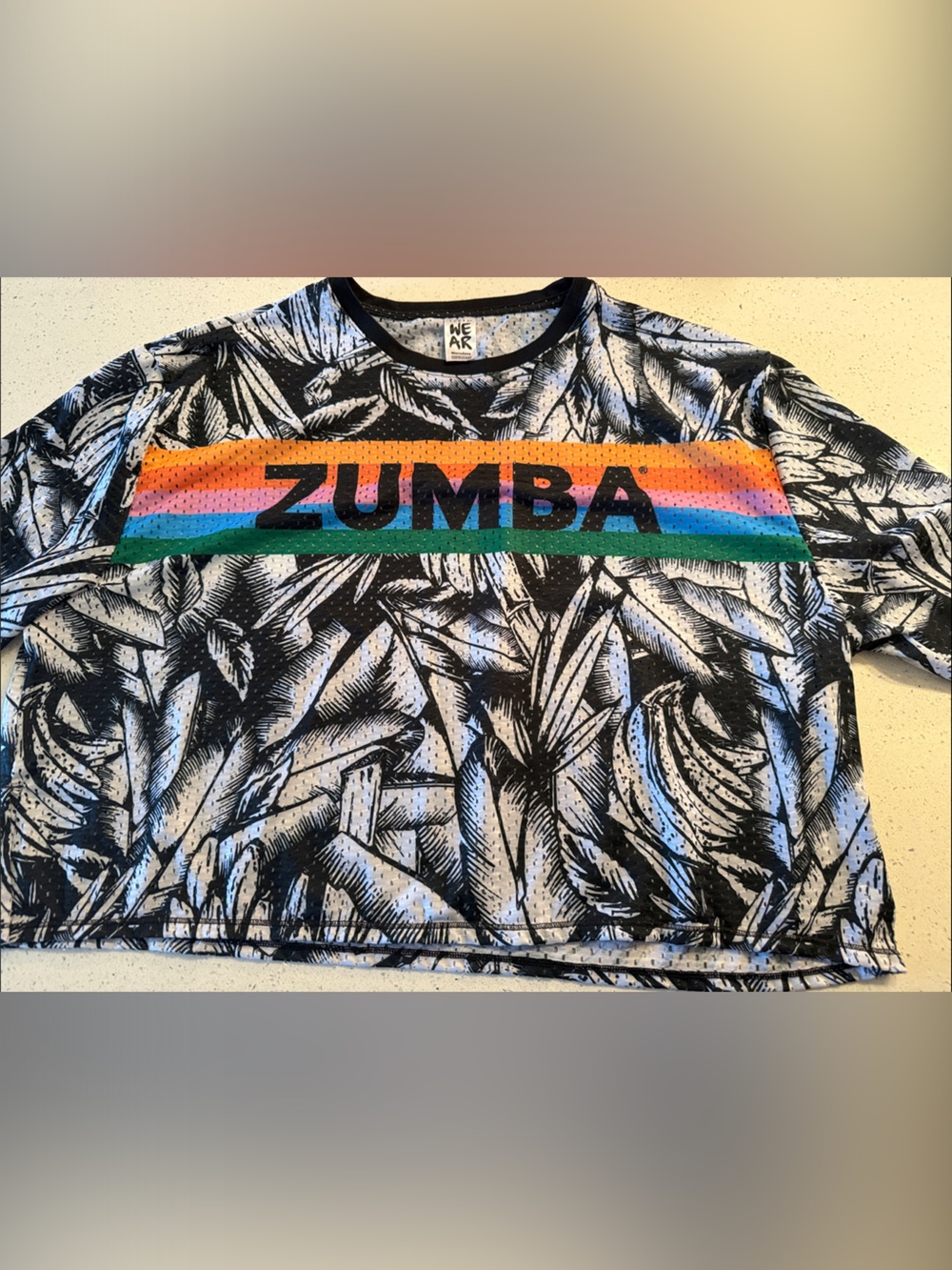 Zumba Fitness Black White Palm Print Jersey with Rainbow Logo